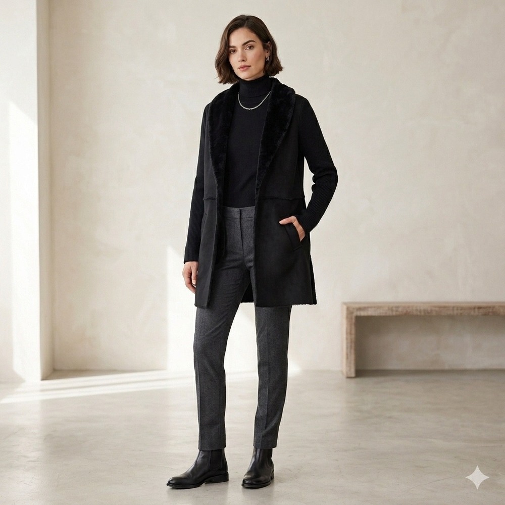 Love Token Black Faux Fur Collar Mixed Media Cardigan Coat Ribbed Sleeve
